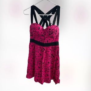 Material Girl Pink and Black Elastic Mini Dress with Unique Strap Design, Size L